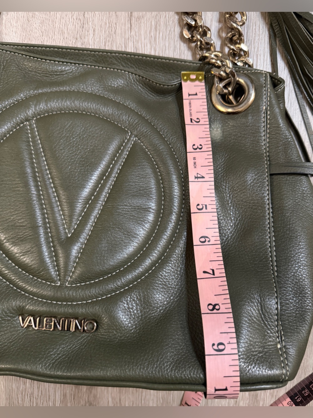 Valentino Olive Green Leather Shoulder Bag with Gold Chain Strap - Picture 6 of 12